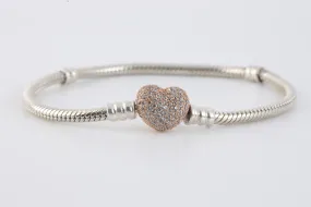 7" Pandora 925 Silver Moments Pave Heart Clasp Snake Chain Bracelet (13.56g.)