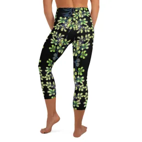 Black Orchid Yoga Capri Leggings, Floral Print Designer Women's Tights-Made in USA/EU