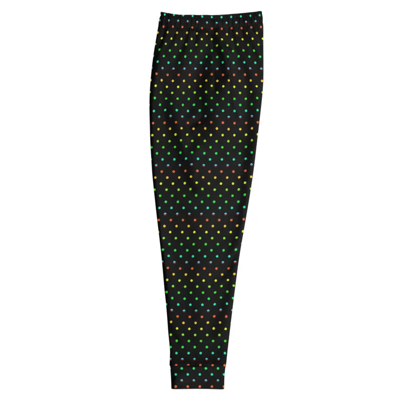 Black Rainbow Dots Men's Joggers, Gay Pride Polka Dots Designer Sweatpants-Made in EU