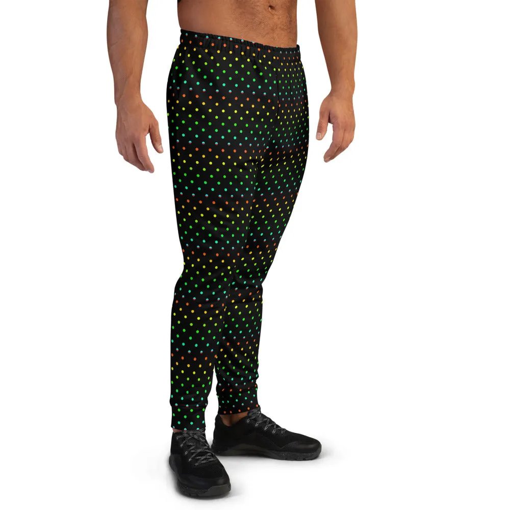 Black Rainbow Dots Men's Joggers, Gay Pride Polka Dots Designer Sweatpants-Made in EU