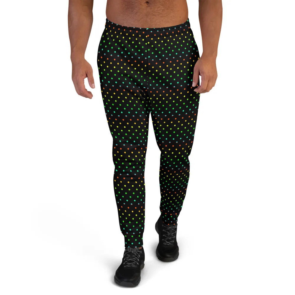 Black Rainbow Dots Men's Joggers, Gay Pride Polka Dots Designer Sweatpants-Made in EU