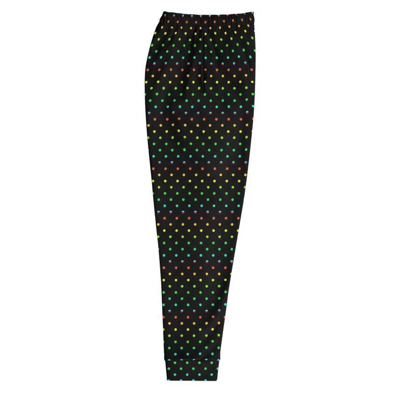 Black Rainbow Dots Men's Joggers, Gay Pride Polka Dots Designer Sweatpants-Made in EU