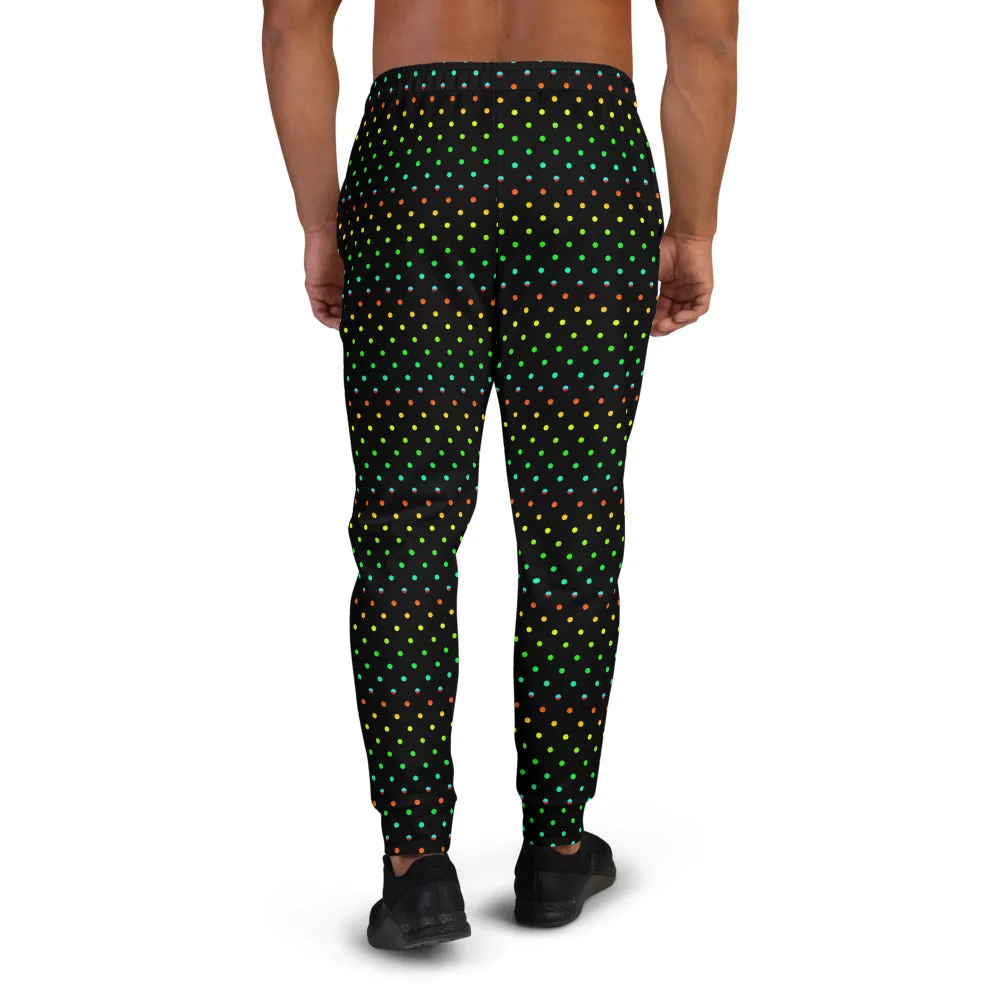 Black Rainbow Dots Men's Joggers, Gay Pride Polka Dots Designer Sweatpants-Made in EU