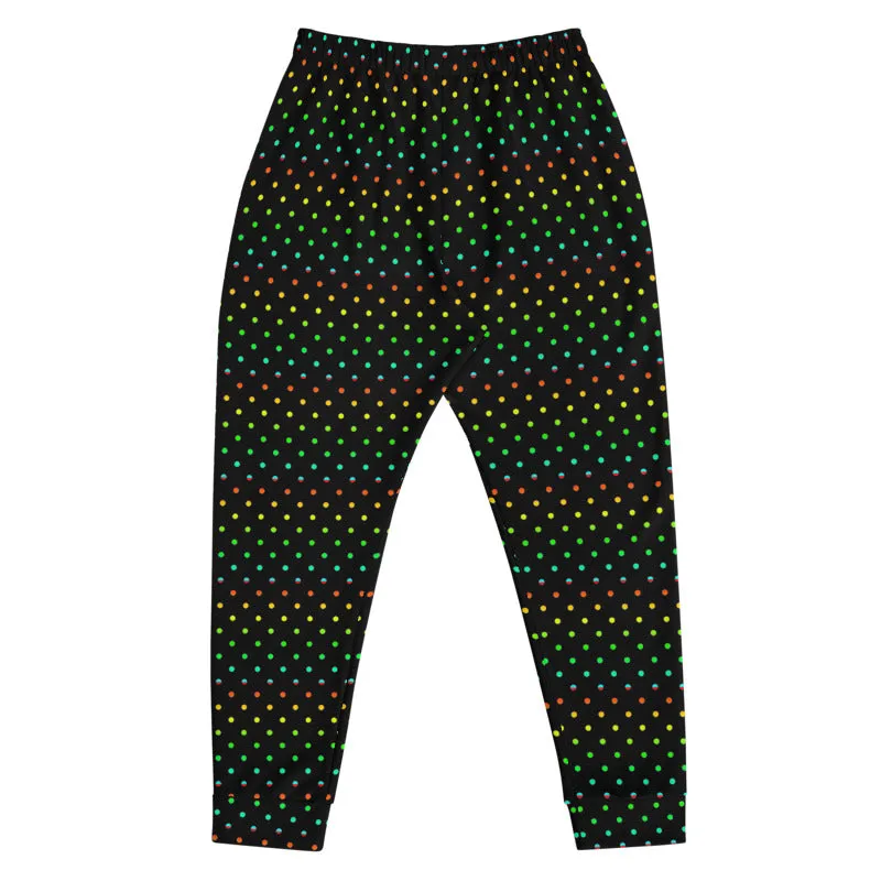 Black Rainbow Dots Men's Joggers, Gay Pride Polka Dots Designer Sweatpants-Made in EU