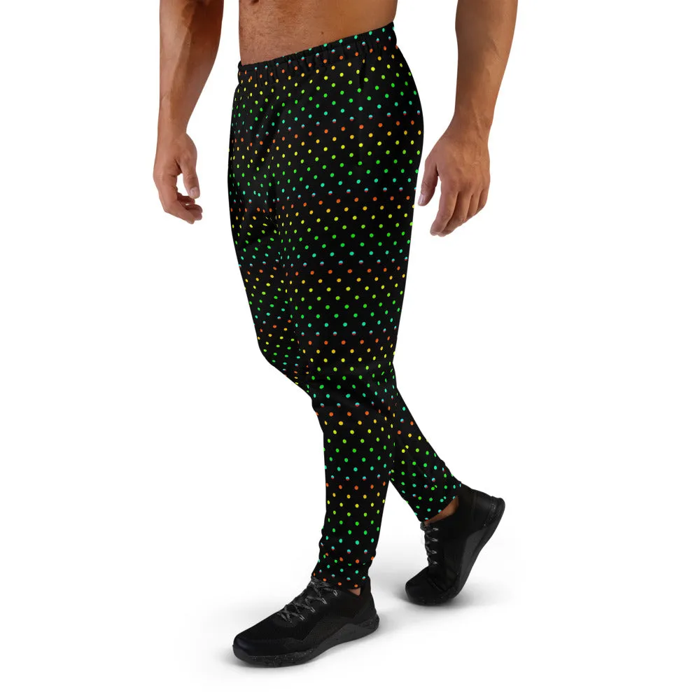 Black Rainbow Dots Men's Joggers, Gay Pride Polka Dots Designer Sweatpants-Made in EU