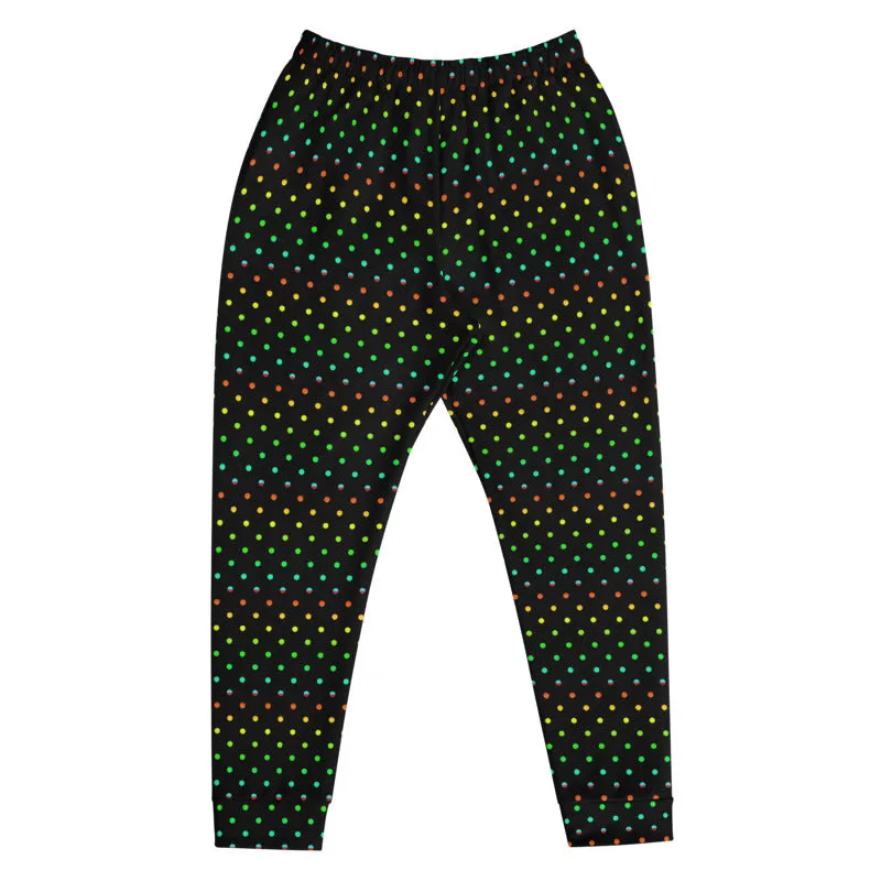 Black Rainbow Dots Men's Joggers, Gay Pride Polka Dots Designer Sweatpants-Made in EU