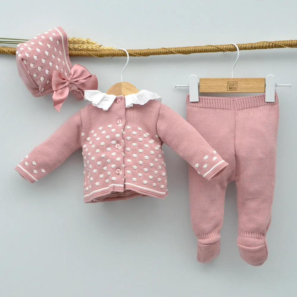 Conjunto bebés punto Nora con jersey, polaina y capota con lazo