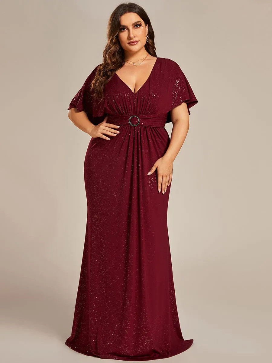 Plus Size Glitter Bat-Wing Sleeve Waist-Cinching Mermaid Evening Dress