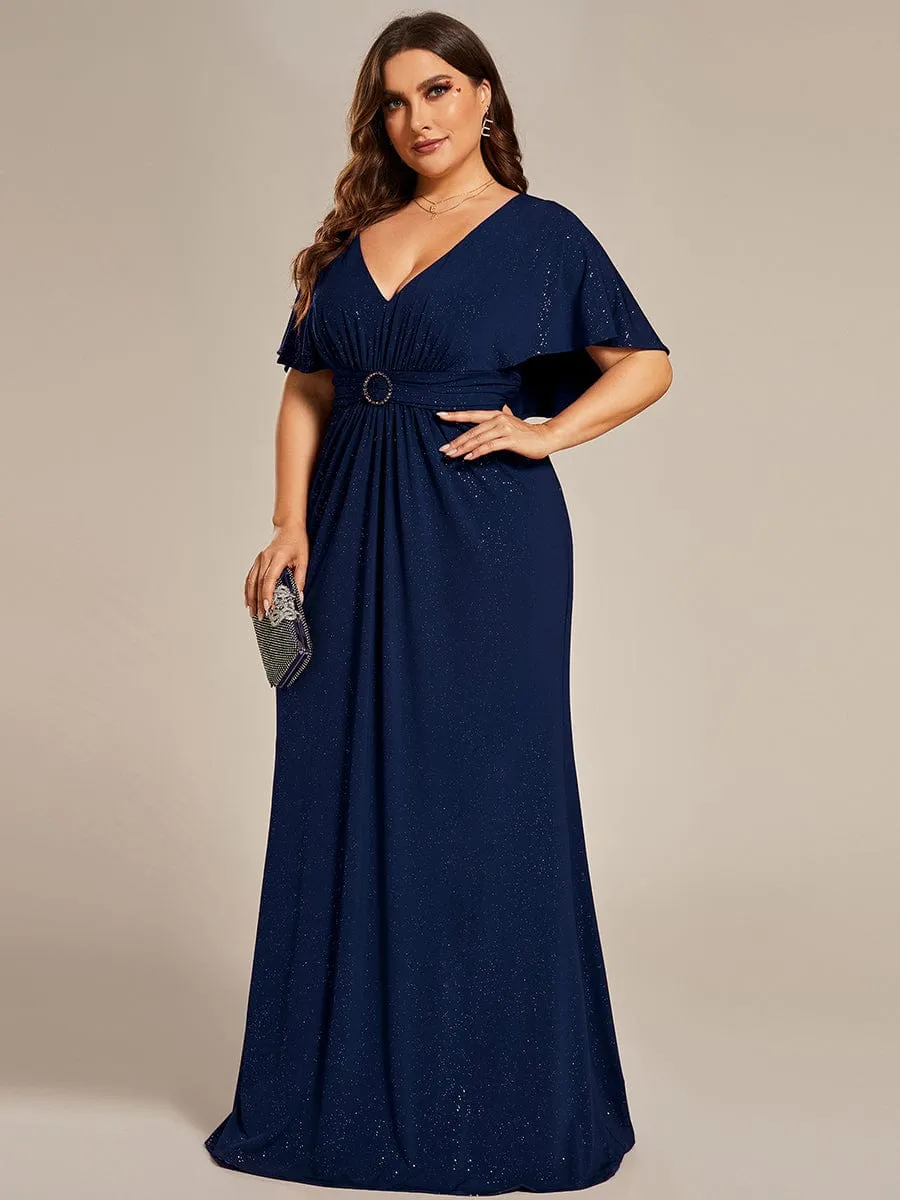 Plus Size Glitter Bat-Wing Sleeve Waist-Cinching Mermaid Evening Dress