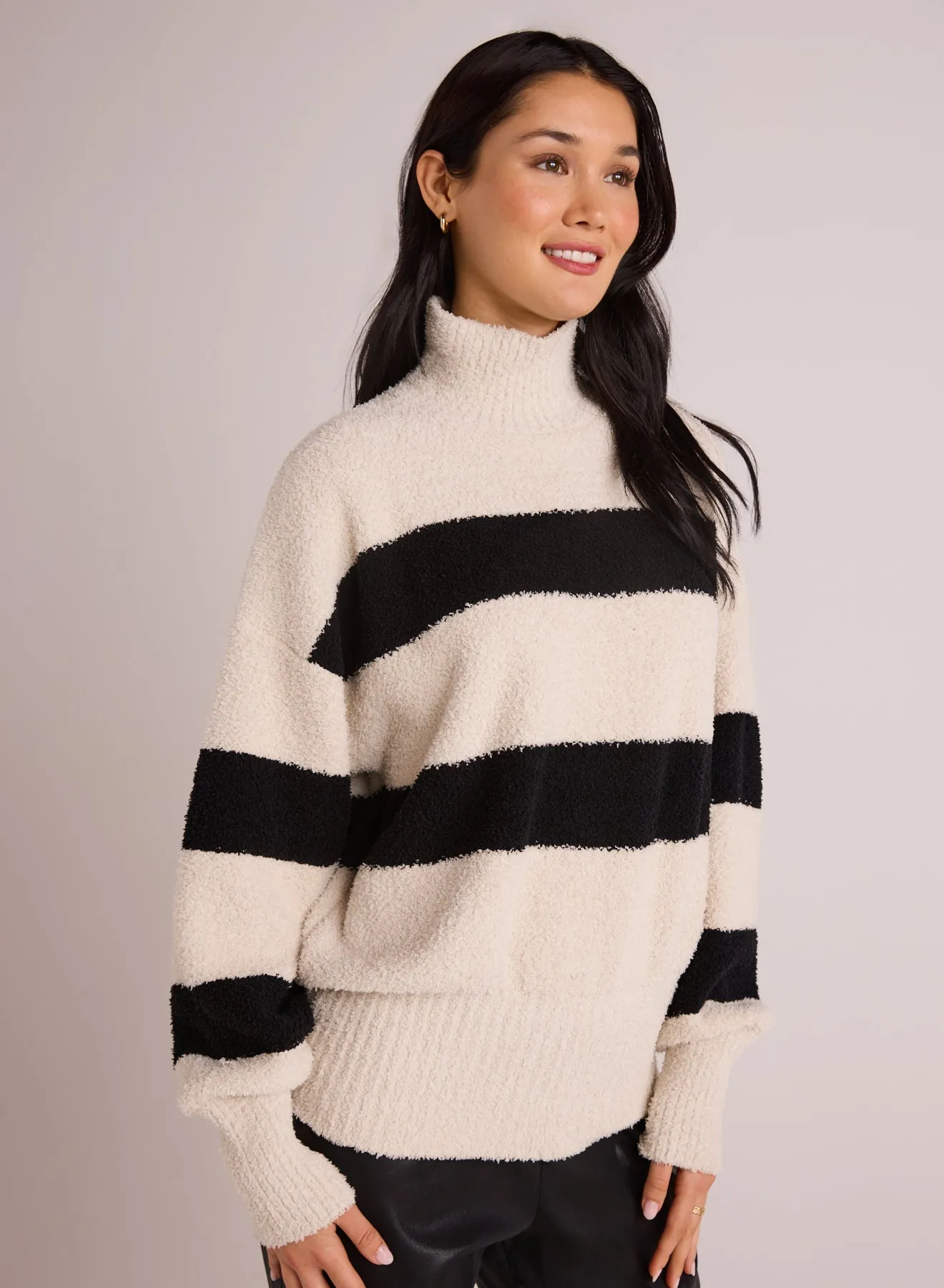 Plush Striped Turtleneck Sweater - Bone & Black