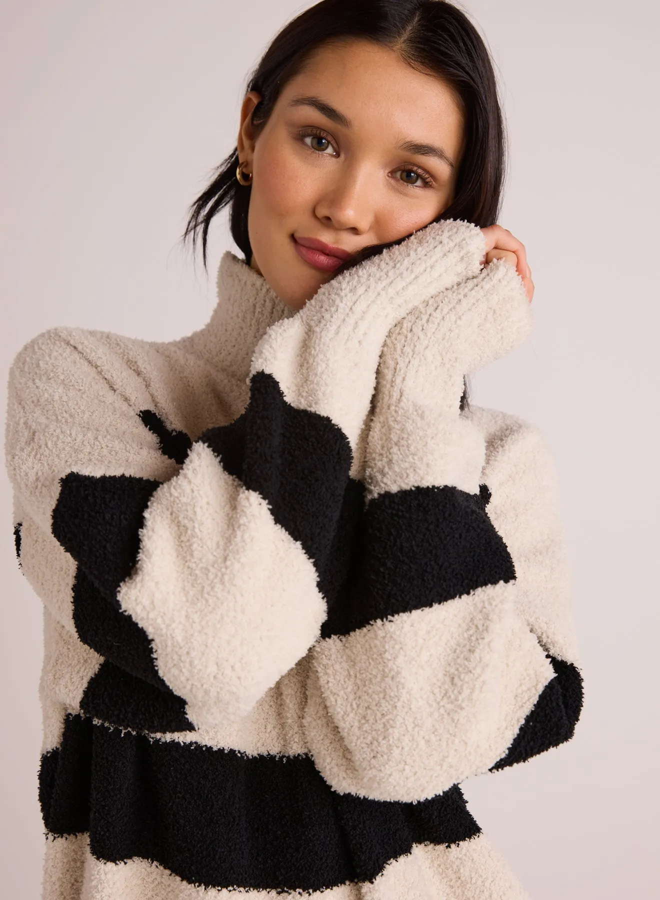 Plush Striped Turtleneck Sweater - Bone & Black