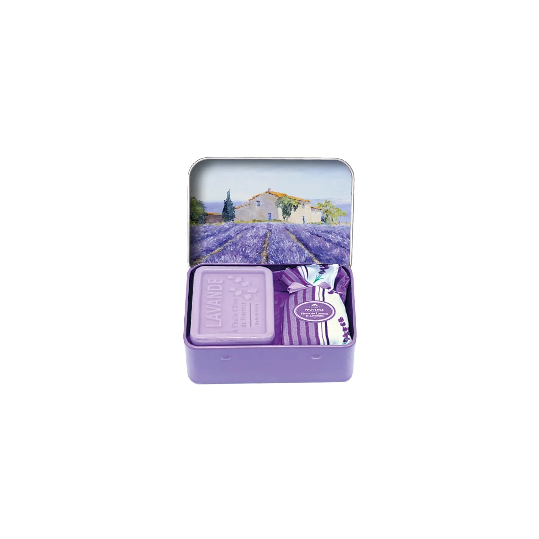 Savon Lavande et Fleurs de Lavande - Lavender Soap and lavender pouch in tin