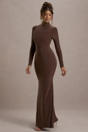 Tova | Robe longue sirène à manches longues et col montant couleur chocolat